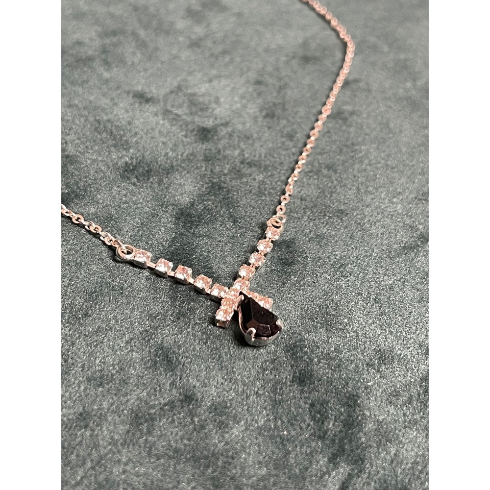 Silver Tone Crystal Chevron Pear Drop Pendant Necklace Dark Stone 16.5 Inch - Picture 2 of 5